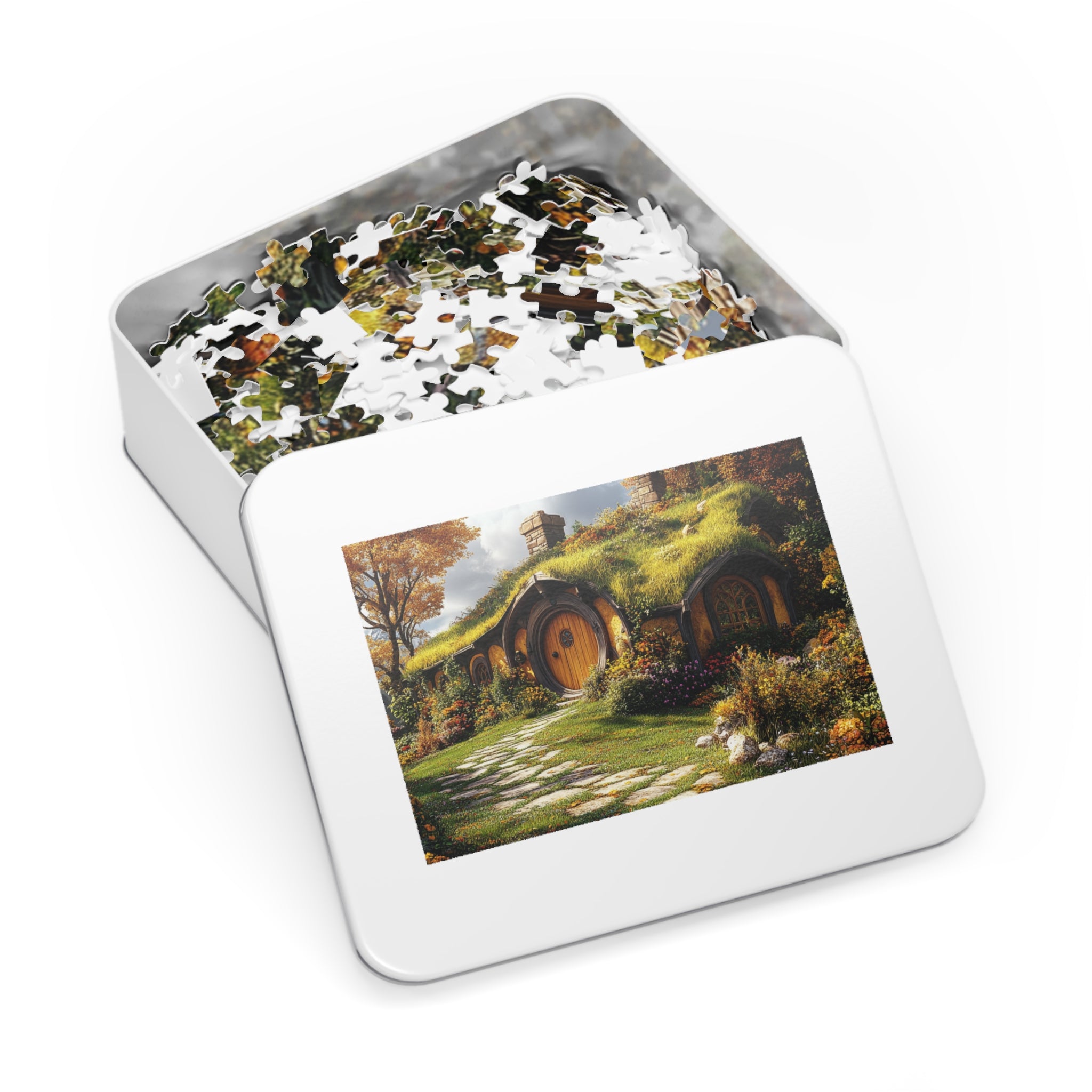 Hobbit Cottage Puzzle in White Tin - 30 to 2000 Pieces | Premium Fantasy Landscape Gift